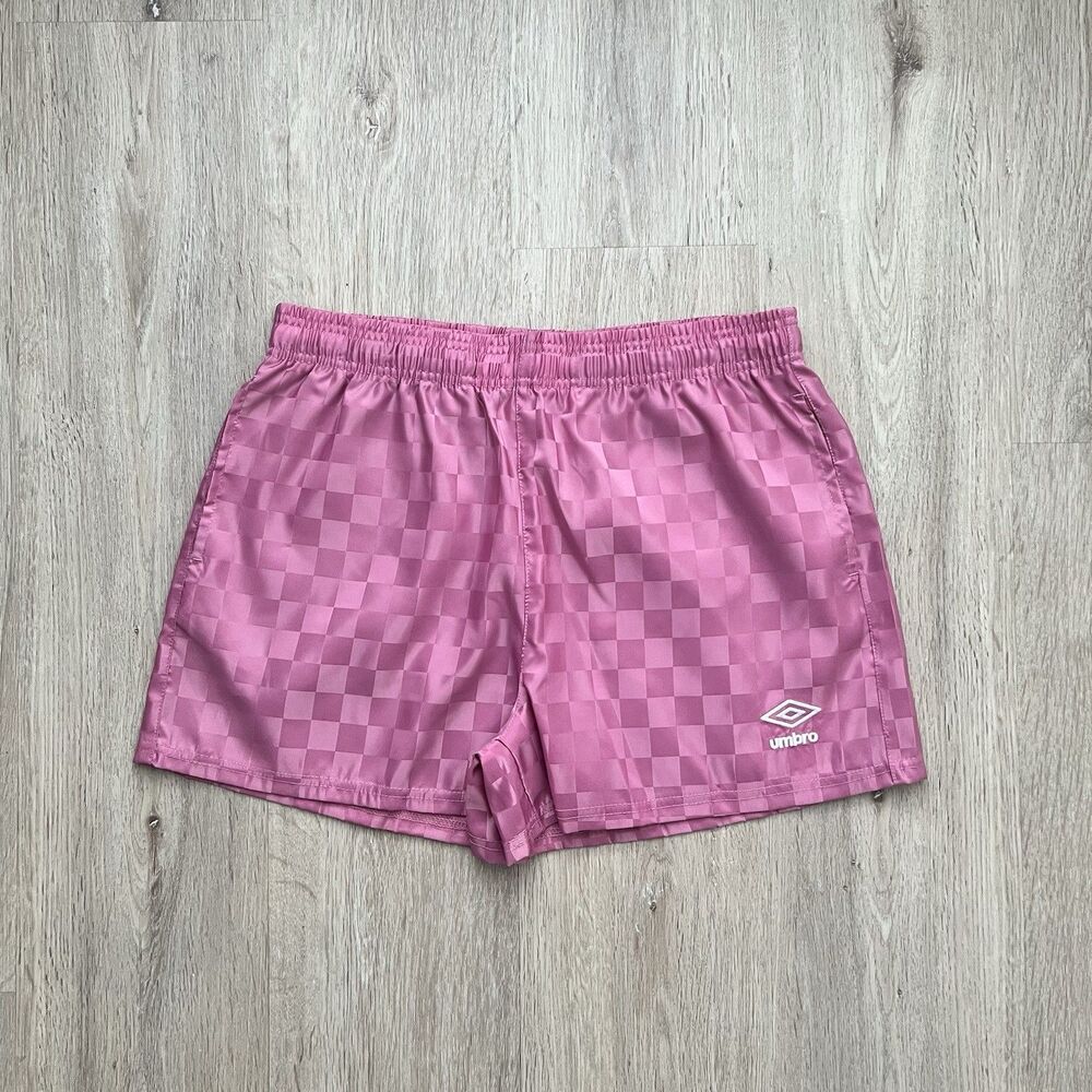 Vintage 90s Style Umbro Soccer Shorts Mens M Pink Checkered Nylon Made in USA 3"